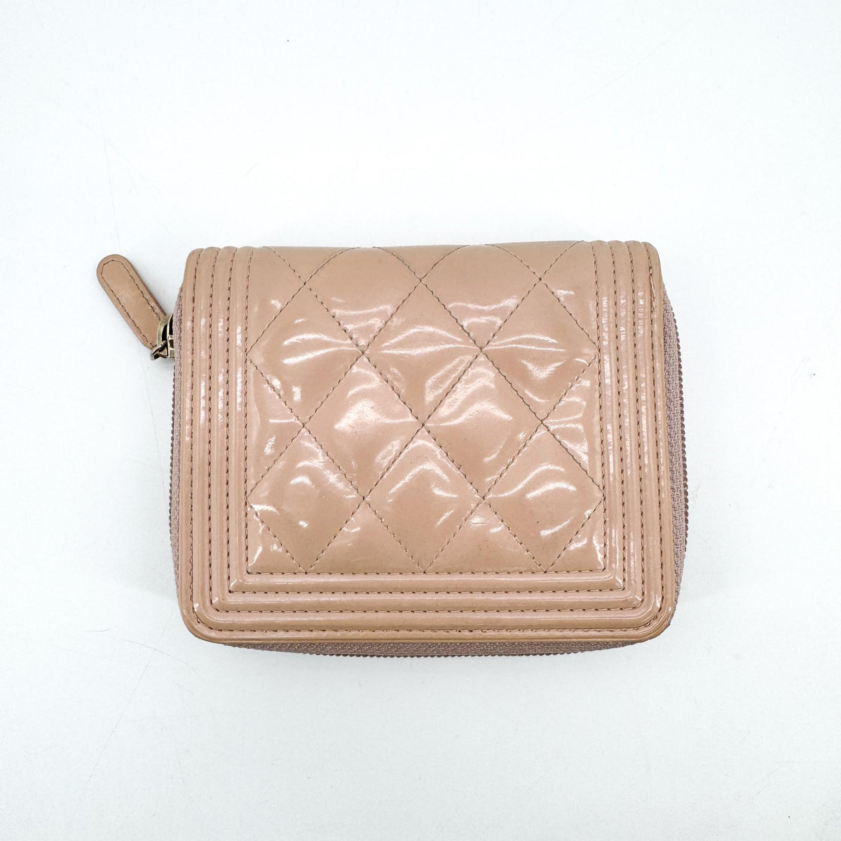 Chanel Boy Chanel Patent Zipper Wallet Beige Gold Hardware