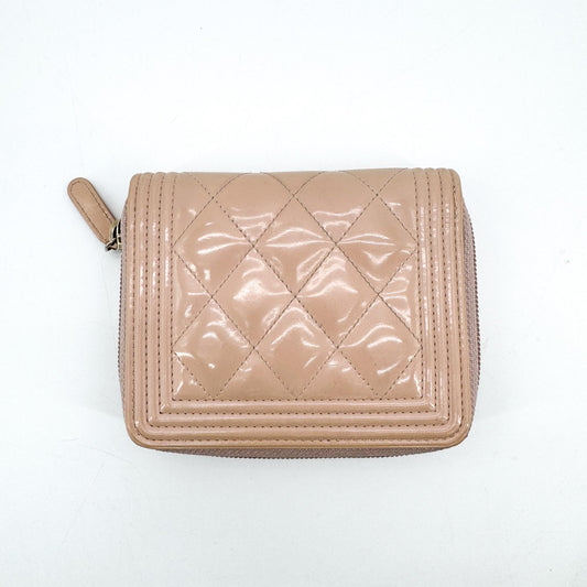 Chanel Boy Chanel Patent Zipper Wallet Beige Gold Hardware