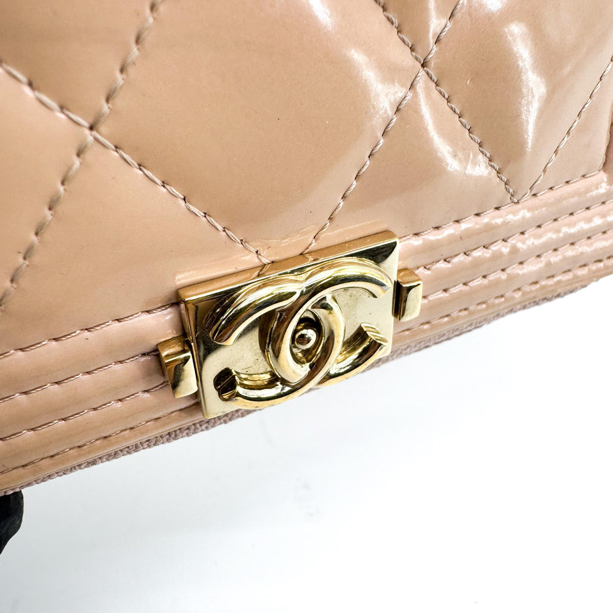 Chanel Boy Chanel Patent Zipper Wallet Beige Gold Hardware