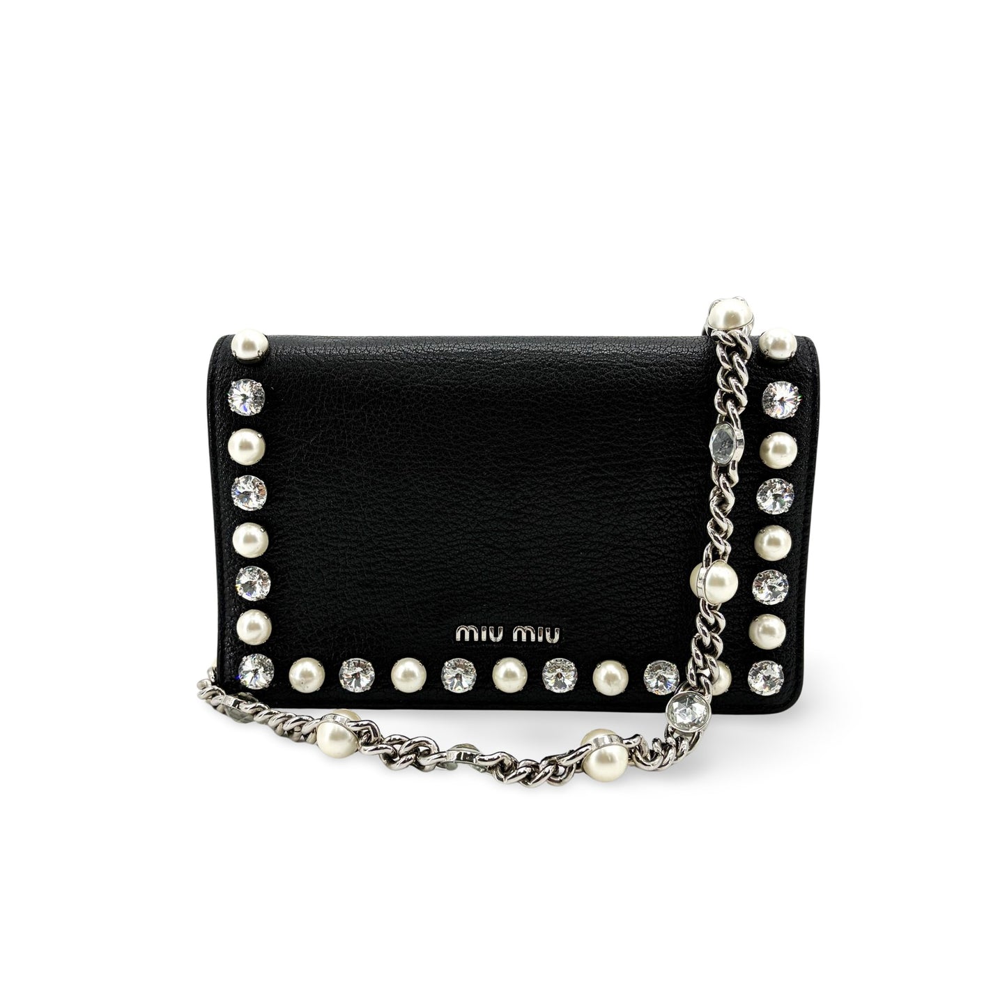 Miu Miu Madras Leather Crystal Pearl Shoulder Bag Black Silver