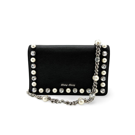 Miu Miu Madras Leather Crystal Pearl Shoulder Bag Black Silver