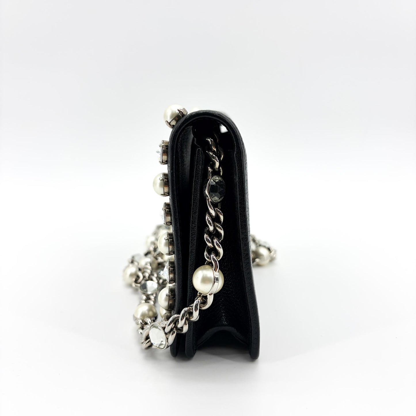 Miu Miu Madras Leather Crystal Pearl Shoulder Bag Black Silver