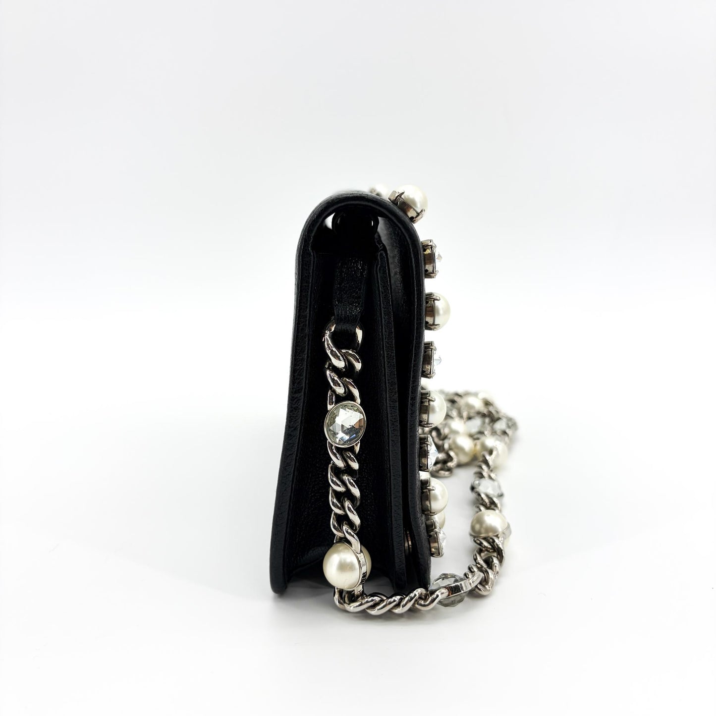 Miu Miu Madras Leather Crystal Pearl Shoulder Bag Black Silver