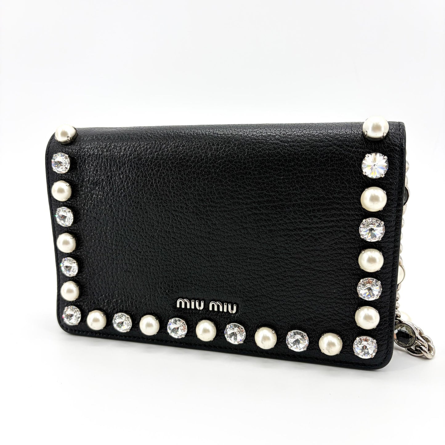 Miu Miu Madras Leather Crystal Pearl Shoulder Bag Black Silver