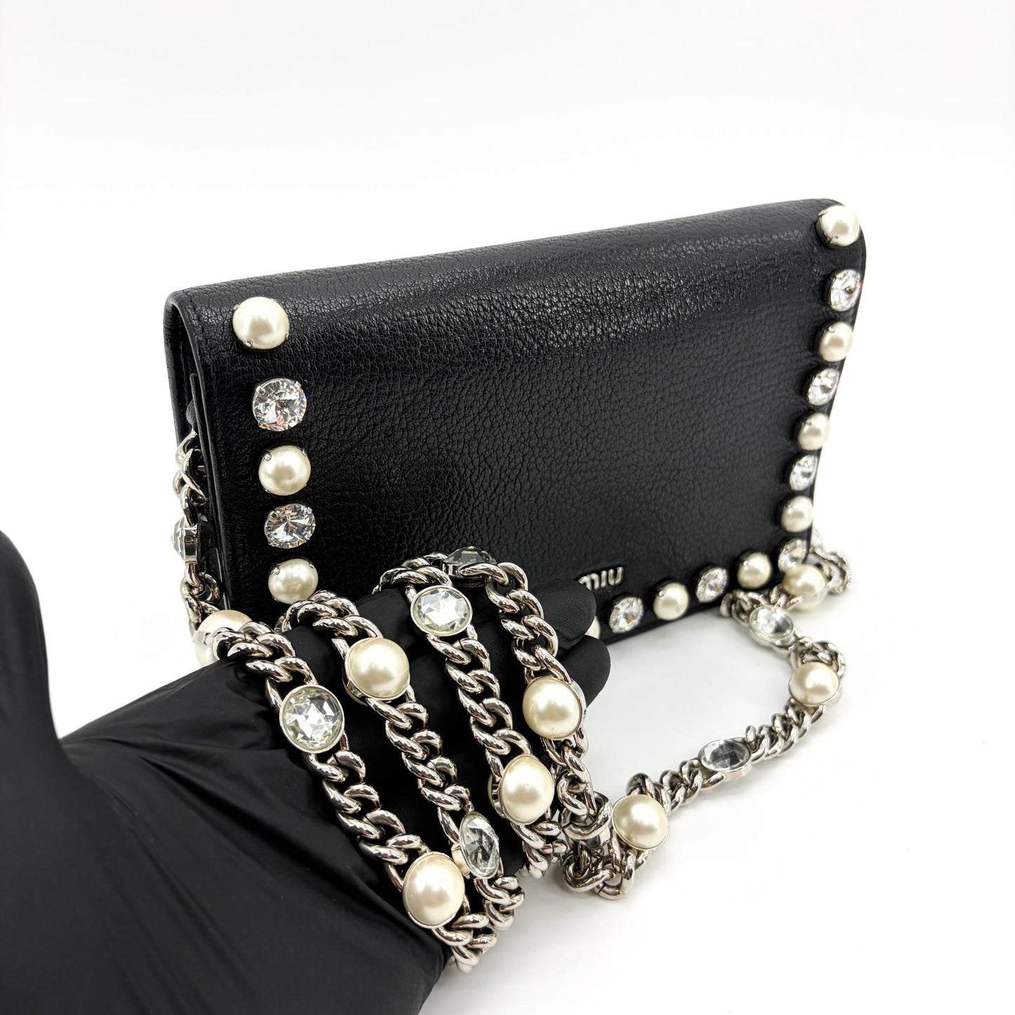 Miu Miu Madras Leather Crystal Pearl Shoulder Bag Black Silver