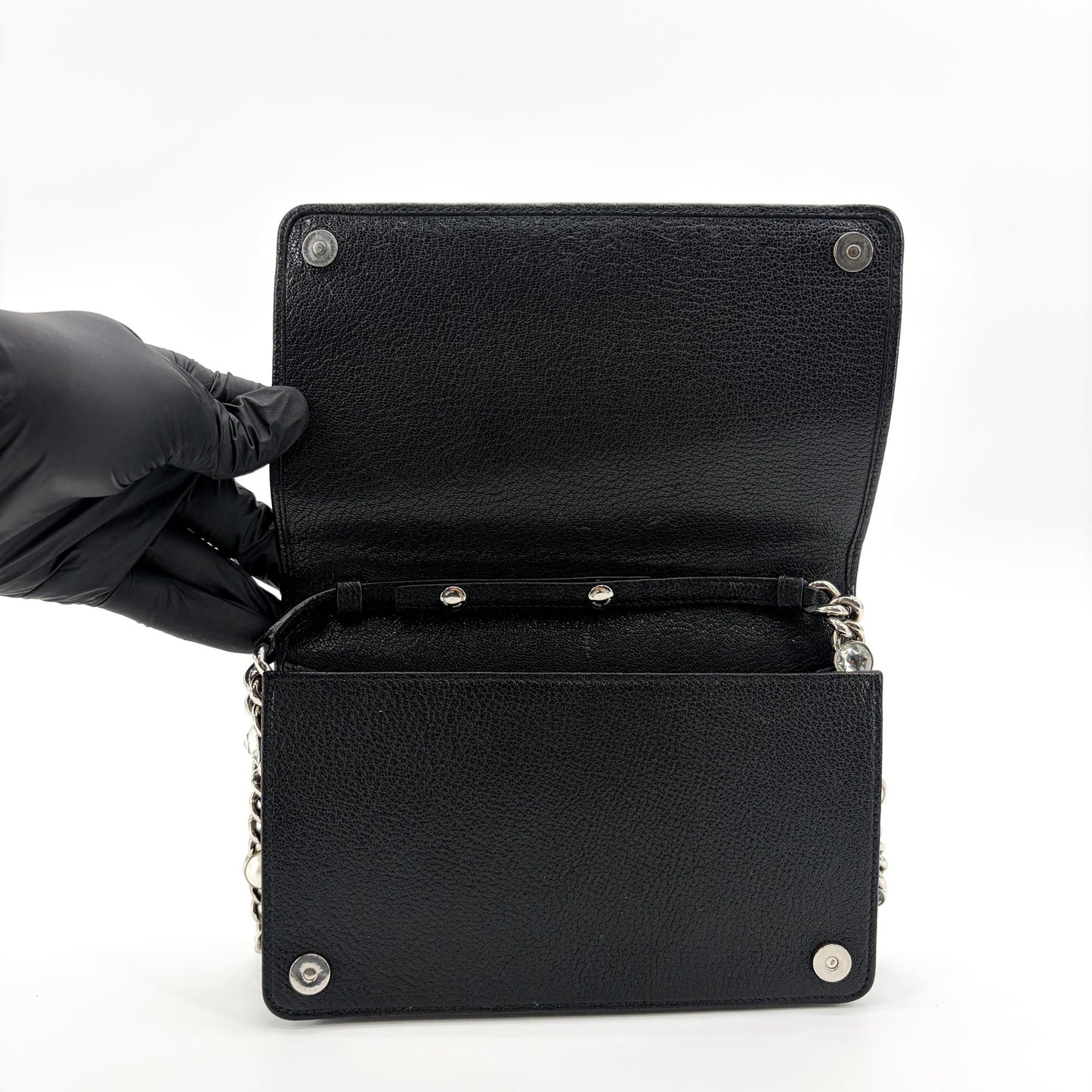 Miu Miu Madras Leather Crystal Pearl Shoulder Bag Black Silver