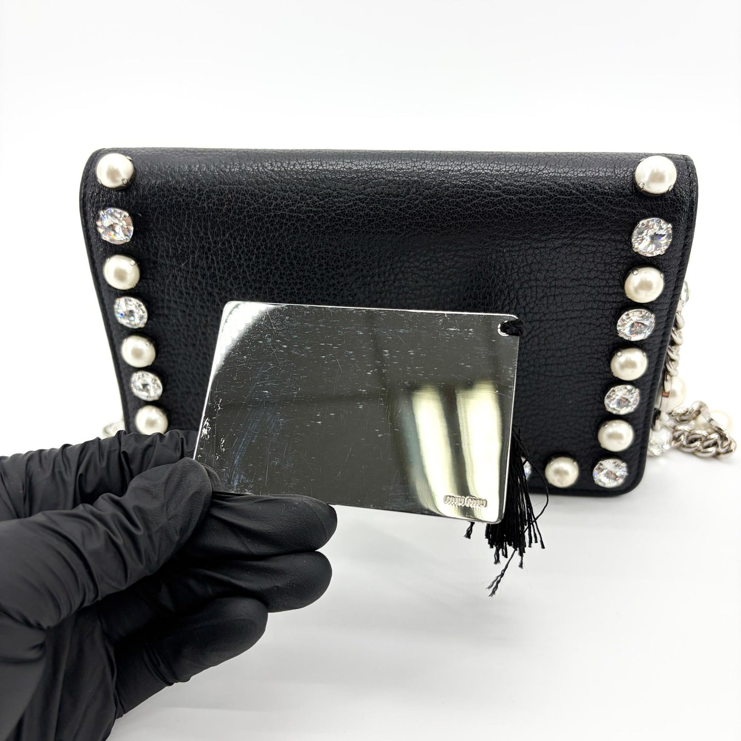 Miu Miu Madras Leather Crystal Pearl Shoulder Bag Black Silver