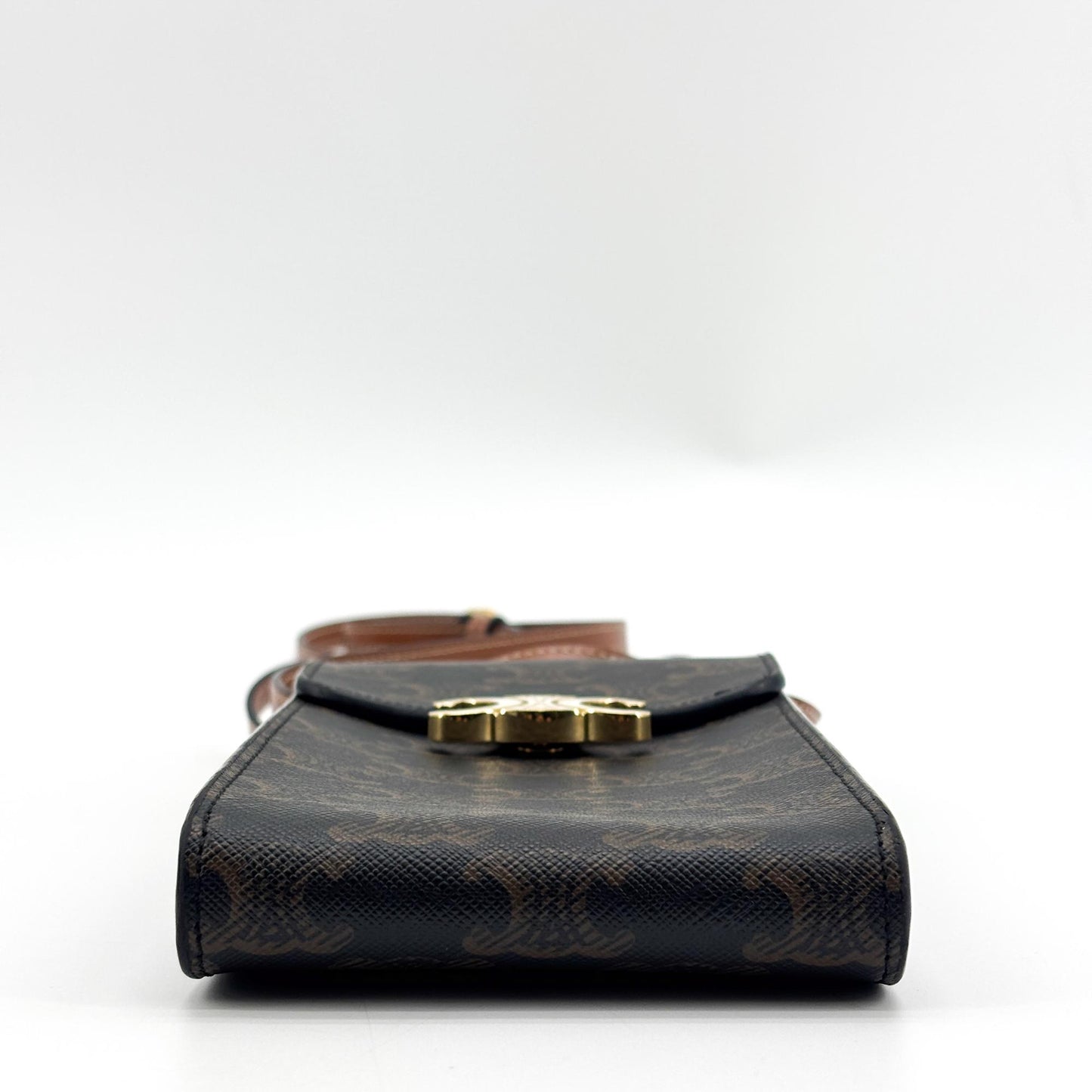 Celine Triomphe Canvas Calfskin Phone Pouch Tan
