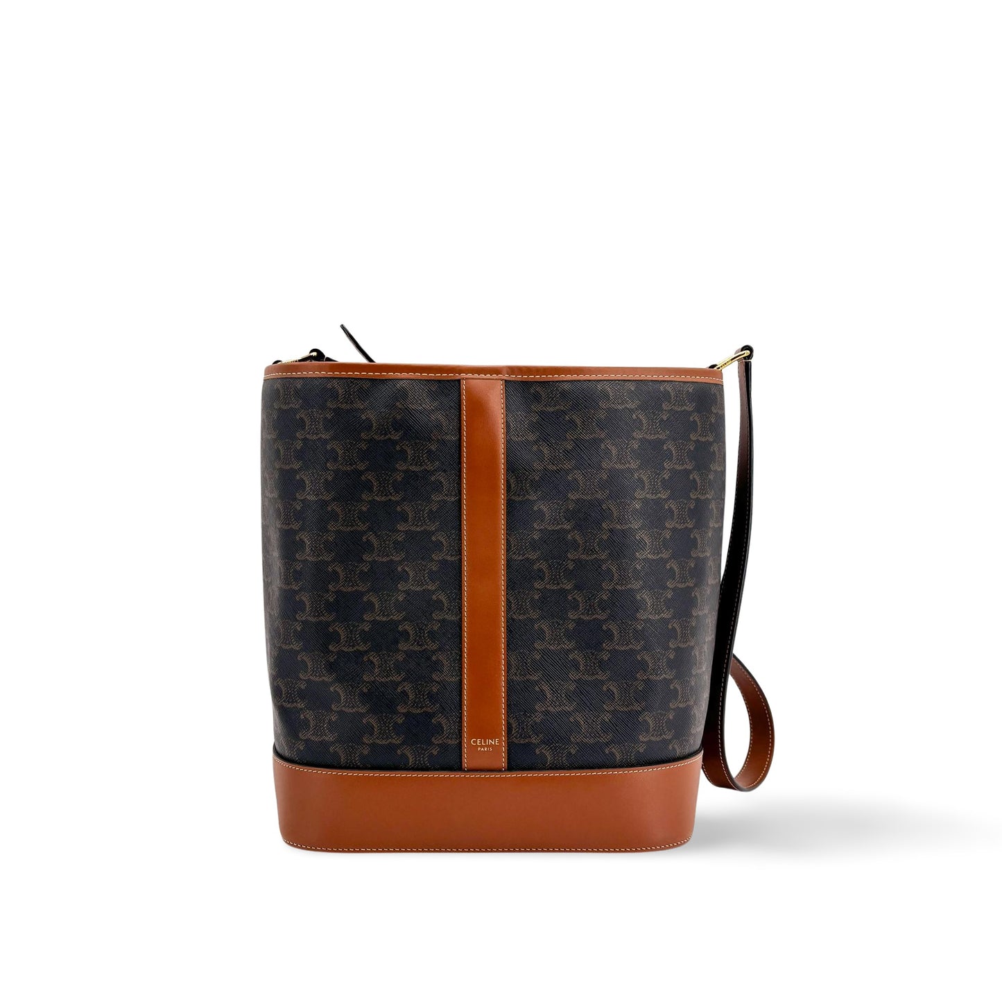 Celine Medium Bucket Bag Triomphe Canvas and Calfskin Tan