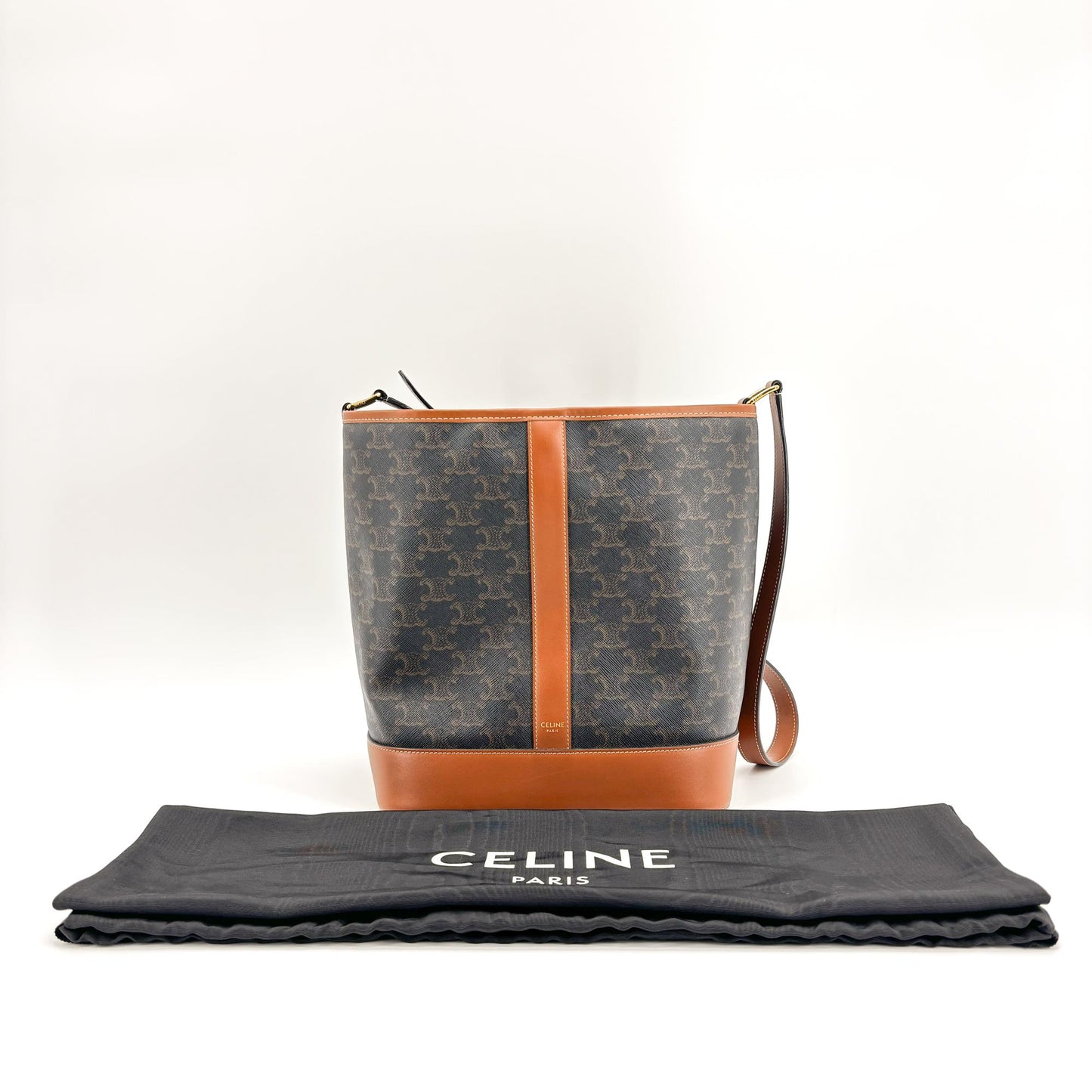 Celine Medium Bucket Bag Triomphe Canvas and Calfskin Tan