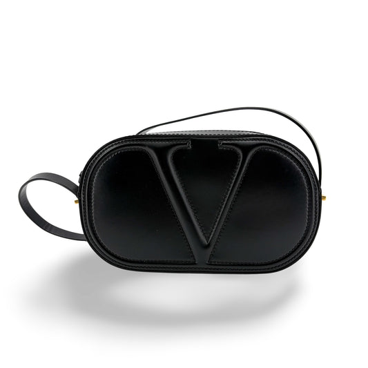 Valentino Garavani V-Logo Signature Oval Leather Shoulder Bag Black