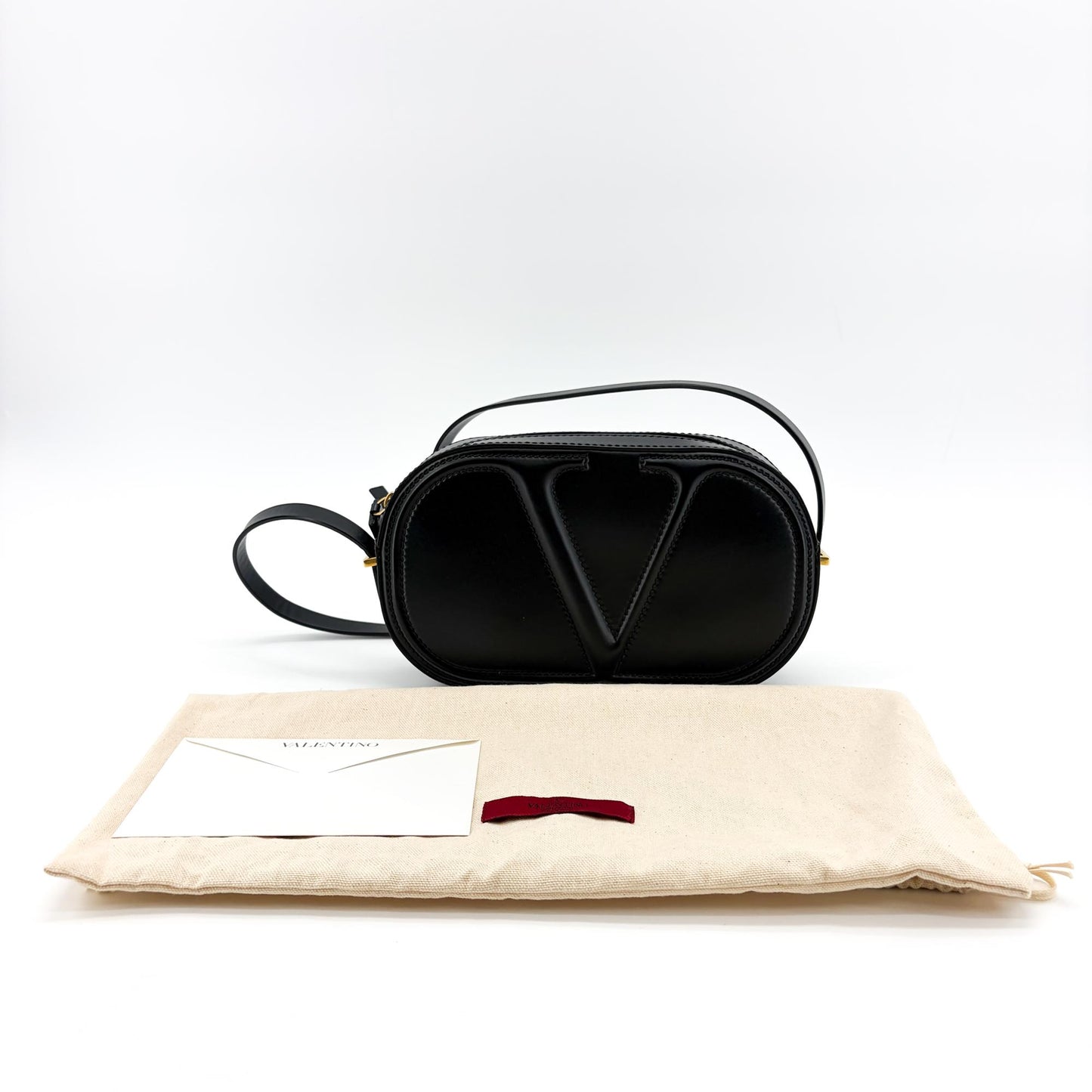 Valentino Garavani V-Logo Signature Oval Leather Shoulder Bag Black