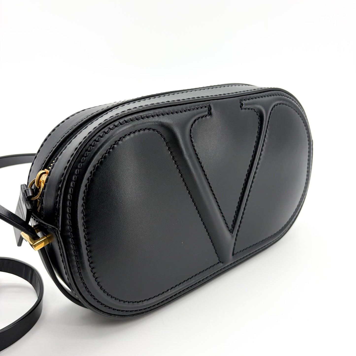 Valentino Garavani V-Logo Signature Oval Leather Shoulder Bag Black