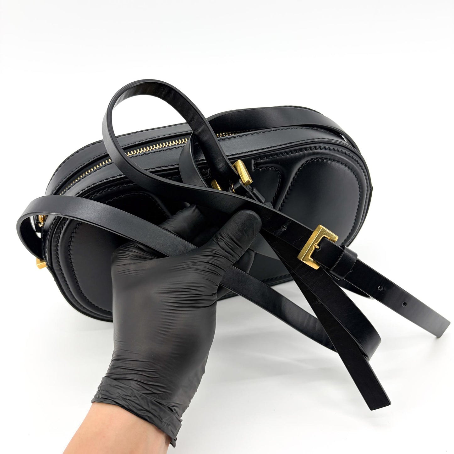 Valentino Garavani V-Logo Signature Oval Leather Shoulder Bag Black