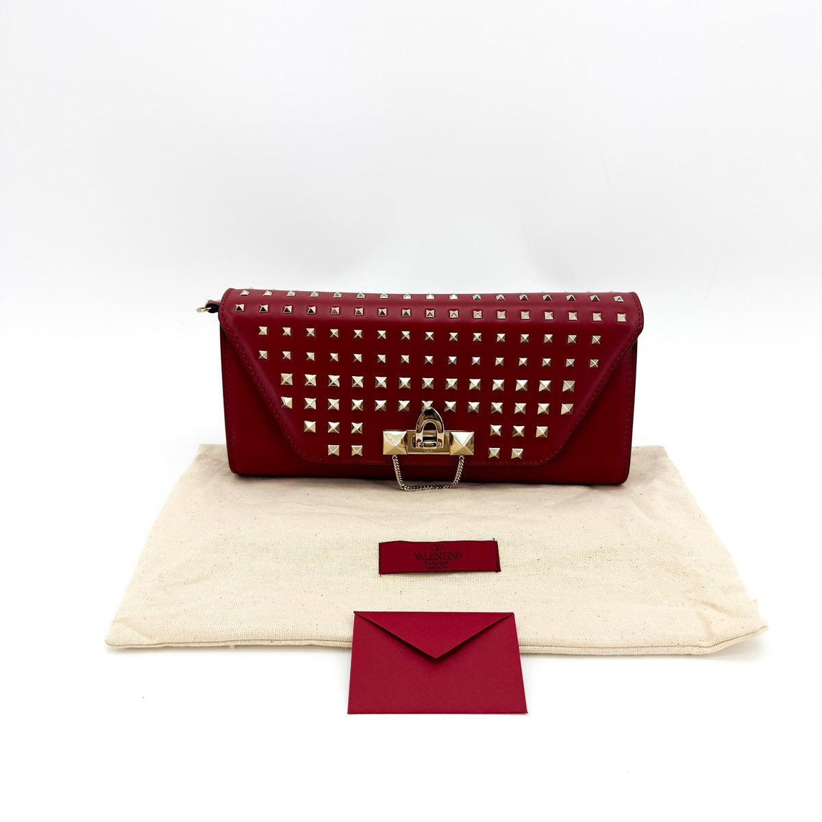 Valentino Rockstud Leather Clutch Red