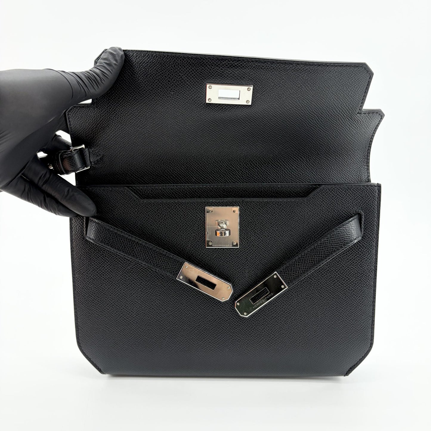 Hermès Kelly Dépêche 25 Pouch Black Silver Hardware