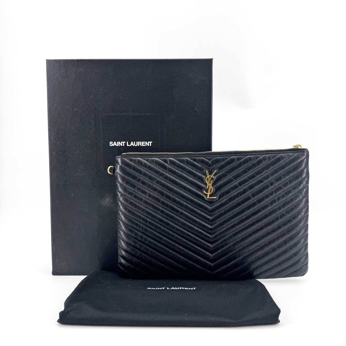 Saint Laurent Monogram Matelassé Large Clutch Black Gold Hardware