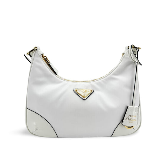 Prada Re-Edition 2002 Nylon Brushed Leather Crossbody Bag White Gold Hardware