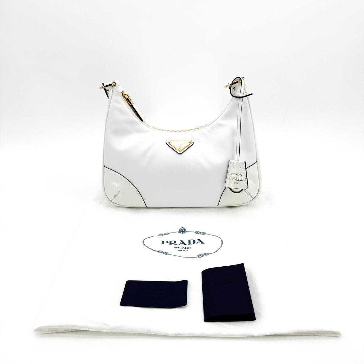 Prada Re-Edition 2002 Nylon Brushed Leather Crossbody Bag White Gold Hardware