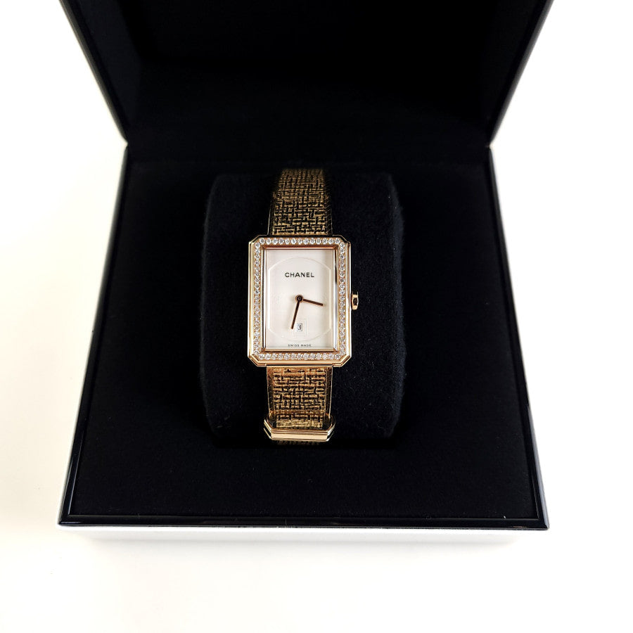 Medium Boyfriend 18K Diamond Tweed Strap Watch