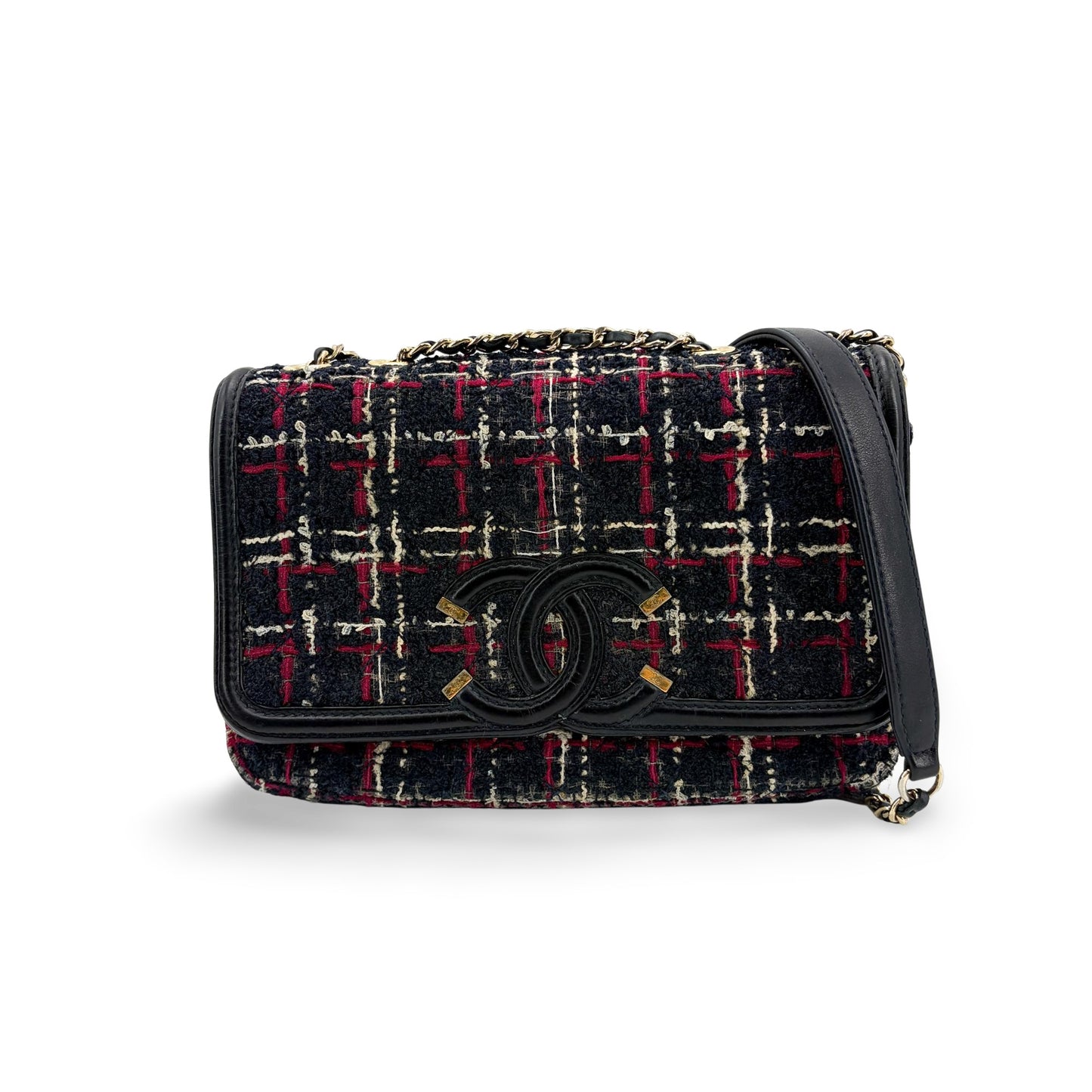 Chanel CC Filigree Tweed Flap Bag Medium Black Red