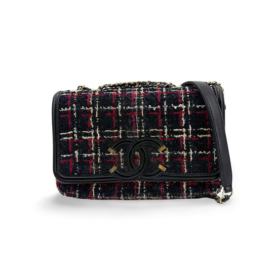 Chanel CC Filigree Tweed Flap Bag Medium Black Red