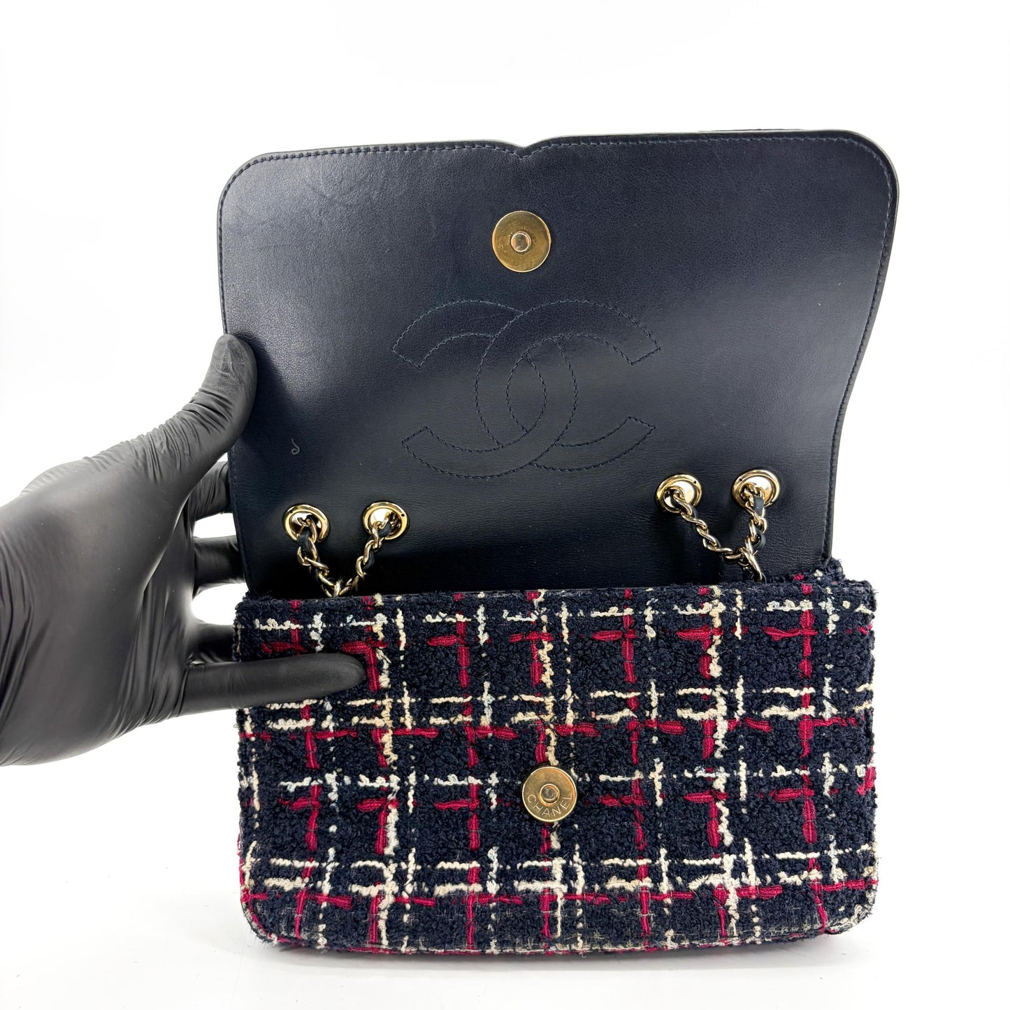 Chanel CC Filigree Tweed Flap Bag Medium Black Red