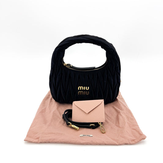 Miu Miu Wander Matelassé Satin Mini Hobo Bag Black