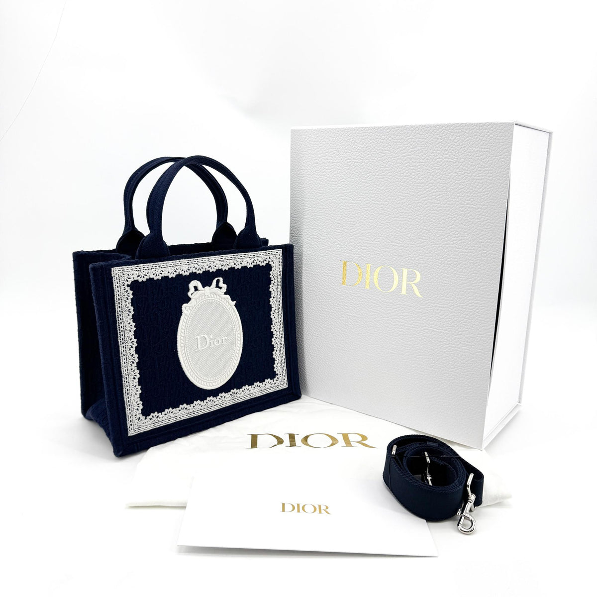 Dior Medallion Lace Embroidery Small Book Tote Bag Navy
