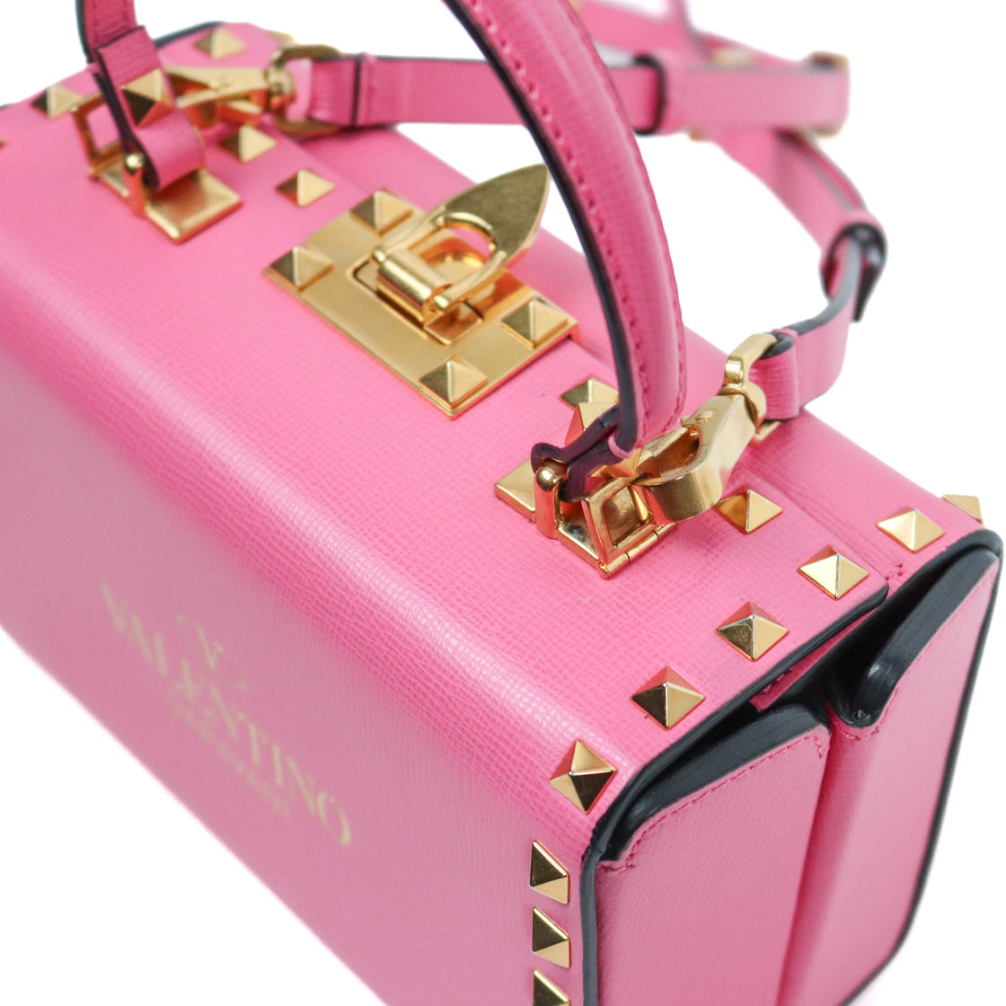Valentino Pink Leather Rockstud Box Top-Handle Tote Bag