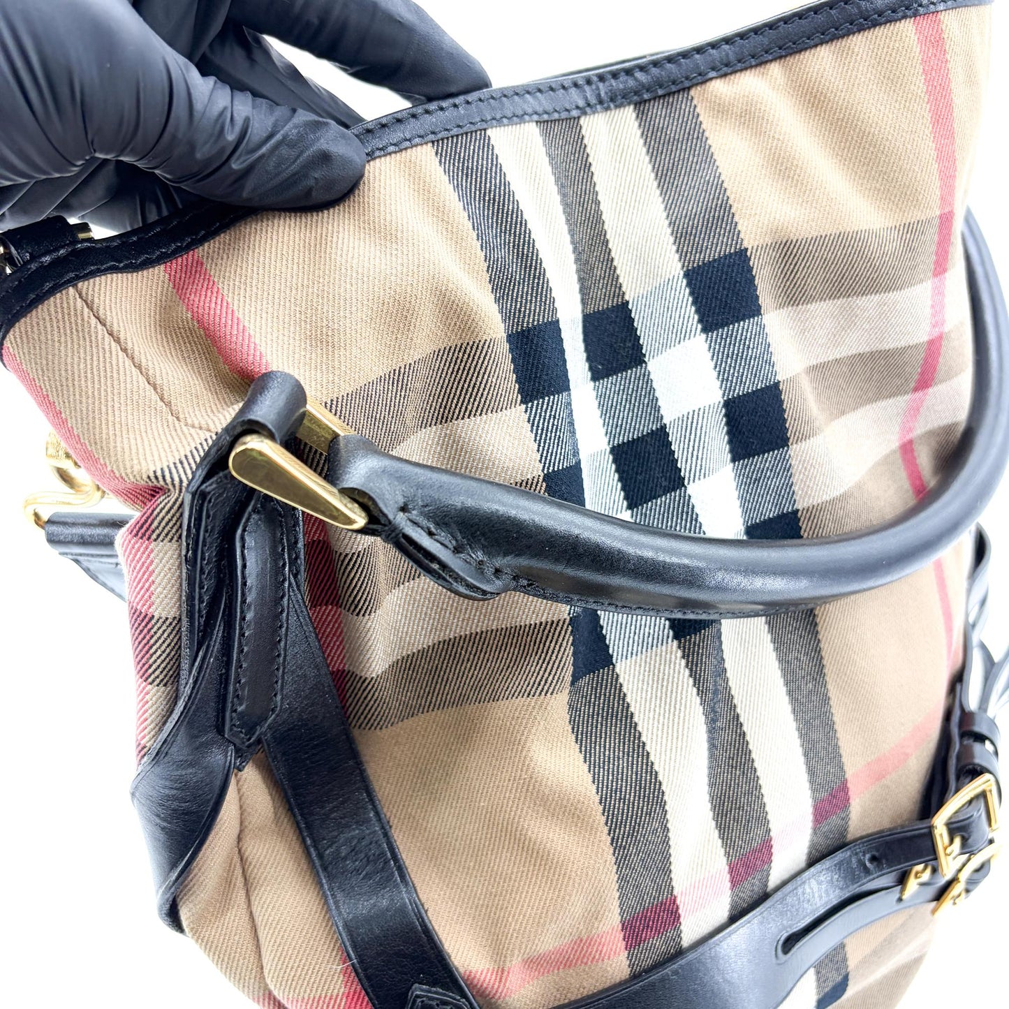 Burberry Medium Haymarket Check Buckle Hobo Bag Beige Black