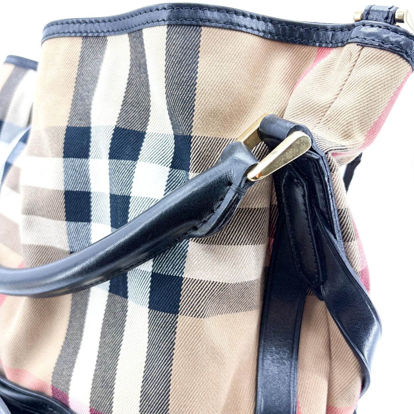 Burberry Medium Haymarket Check Buckle Hobo Bag Beige Black