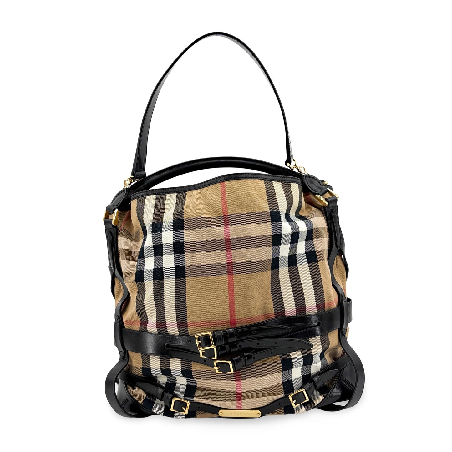 Burberry Medium Haymarket Check Buckle Hobo Bag Beige Black