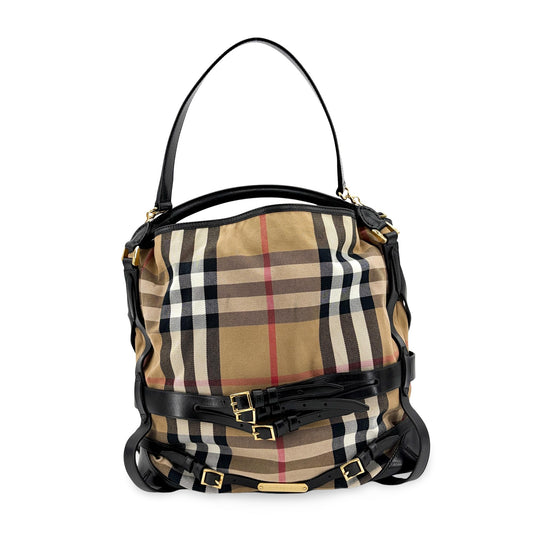 Burberry Medium Haymarket Check Buckle Hobo Bag Beige Black