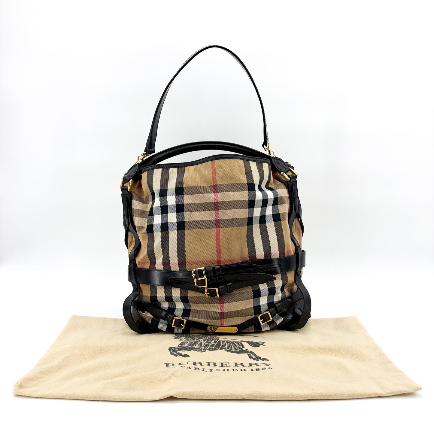Burberry Medium Haymarket Check Buckle Hobo Bag Beige Black