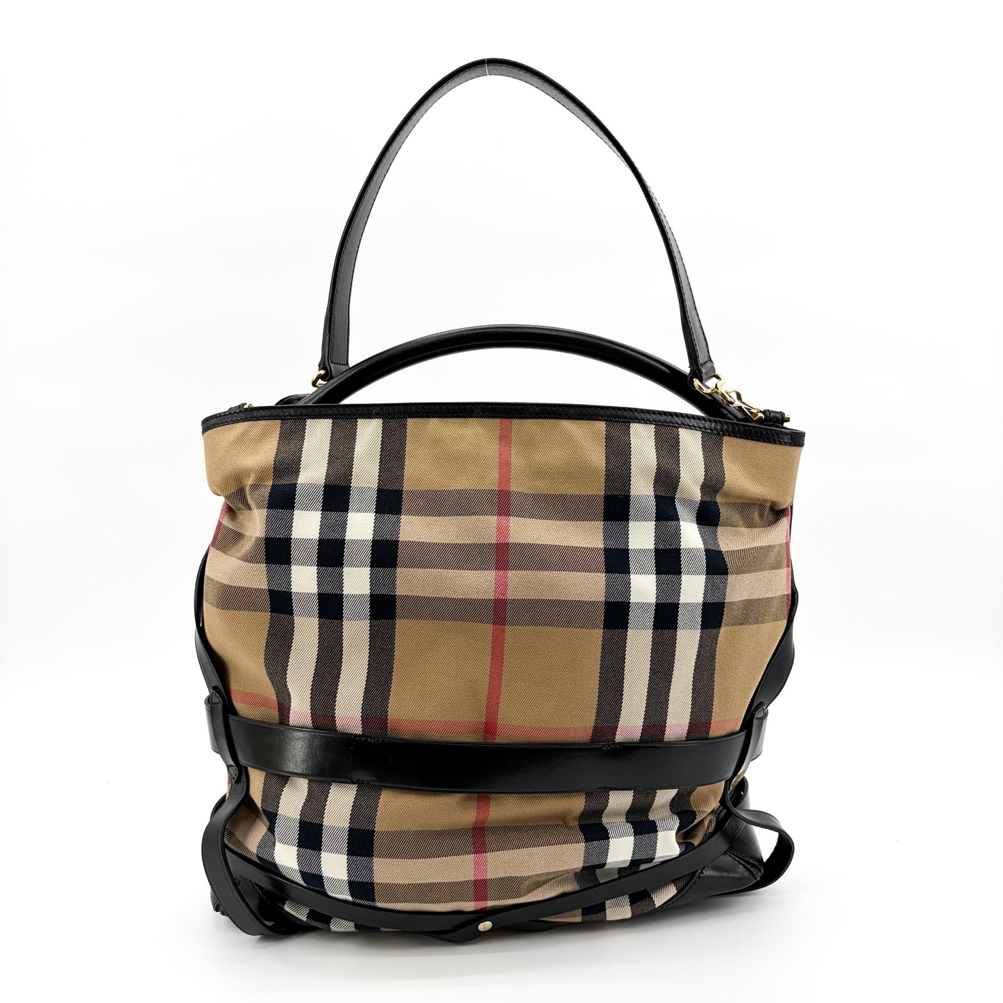 Burberry Medium Haymarket Check Buckle Hobo Bag Beige Black