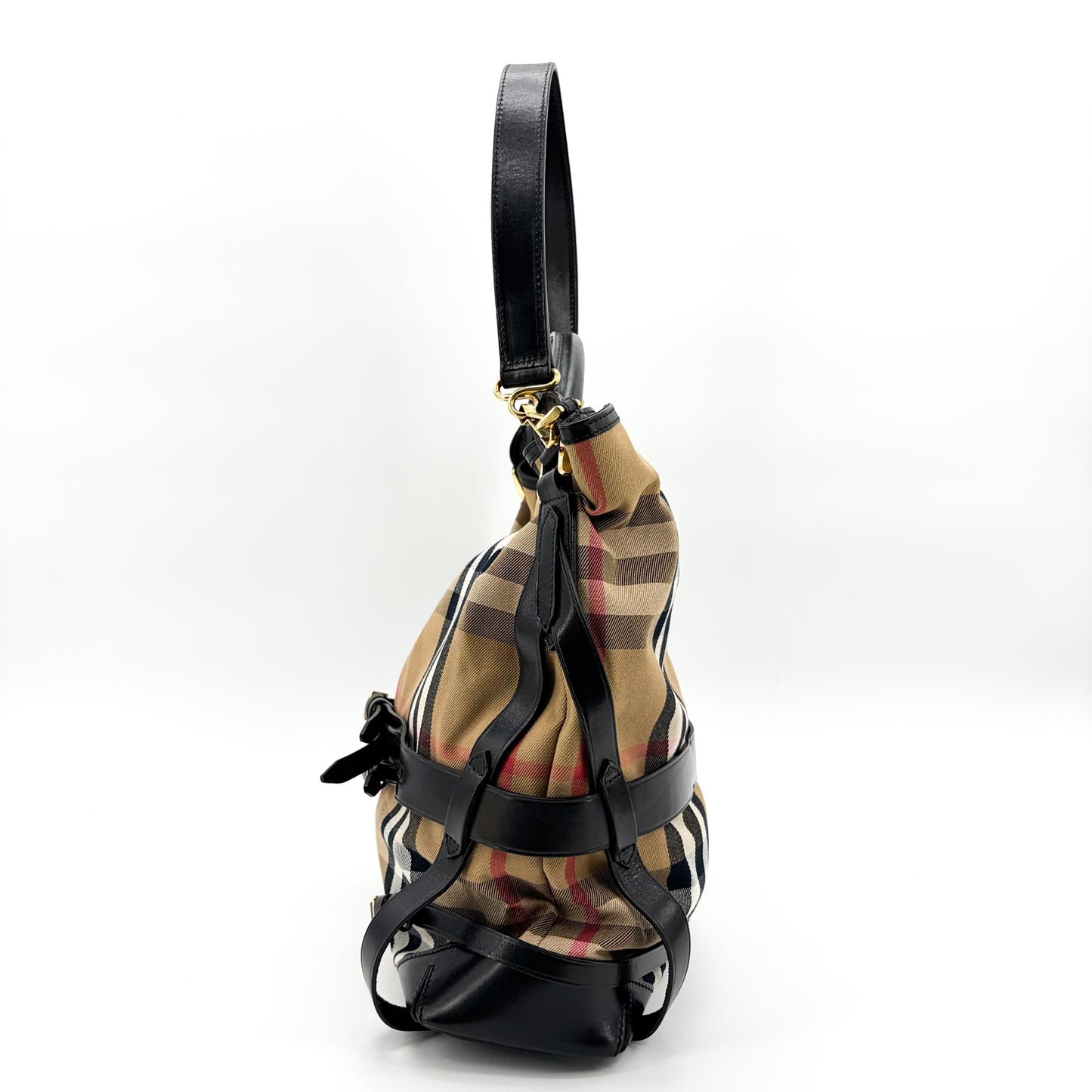 Burberry Medium Haymarket Check Buckle Hobo Bag Beige Black
