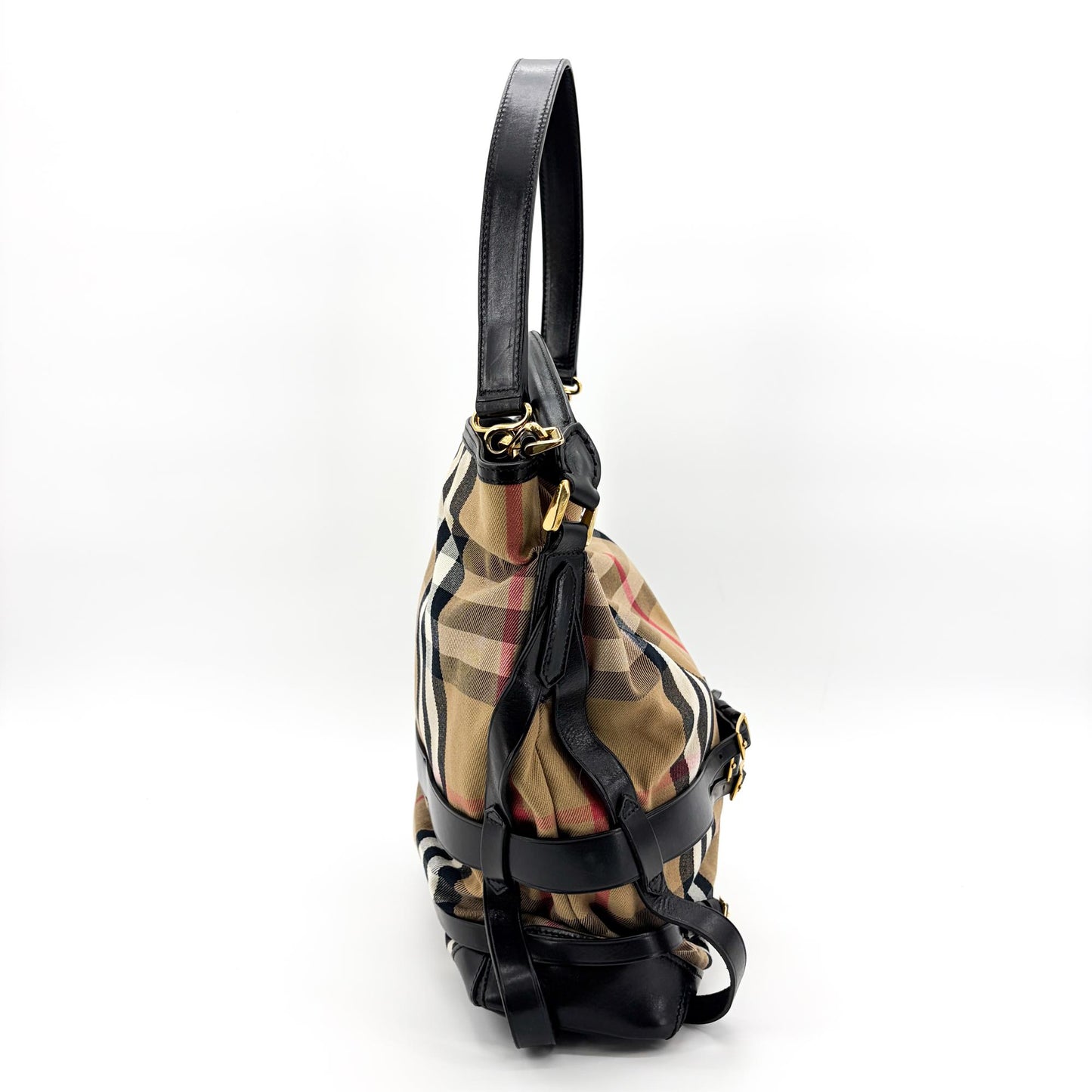 Burberry Medium Haymarket Check Buckle Hobo Bag Beige Black