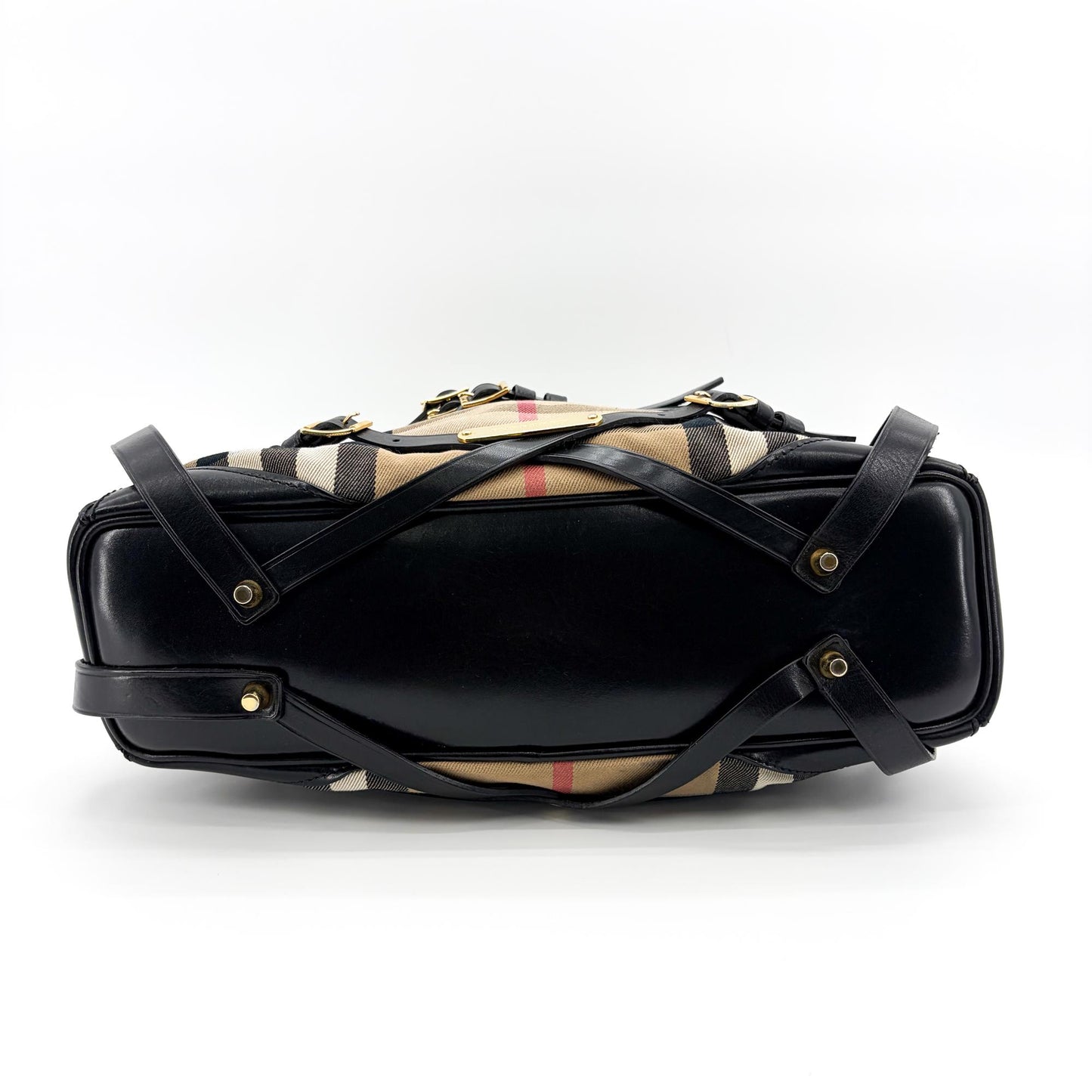 Burberry Medium Haymarket Check Buckle Hobo Bag Beige Black