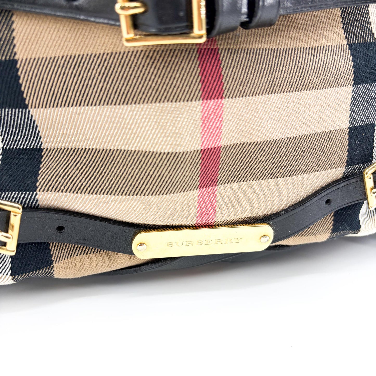 Burberry Medium Haymarket Check Buckle Hobo Bag Beige Black