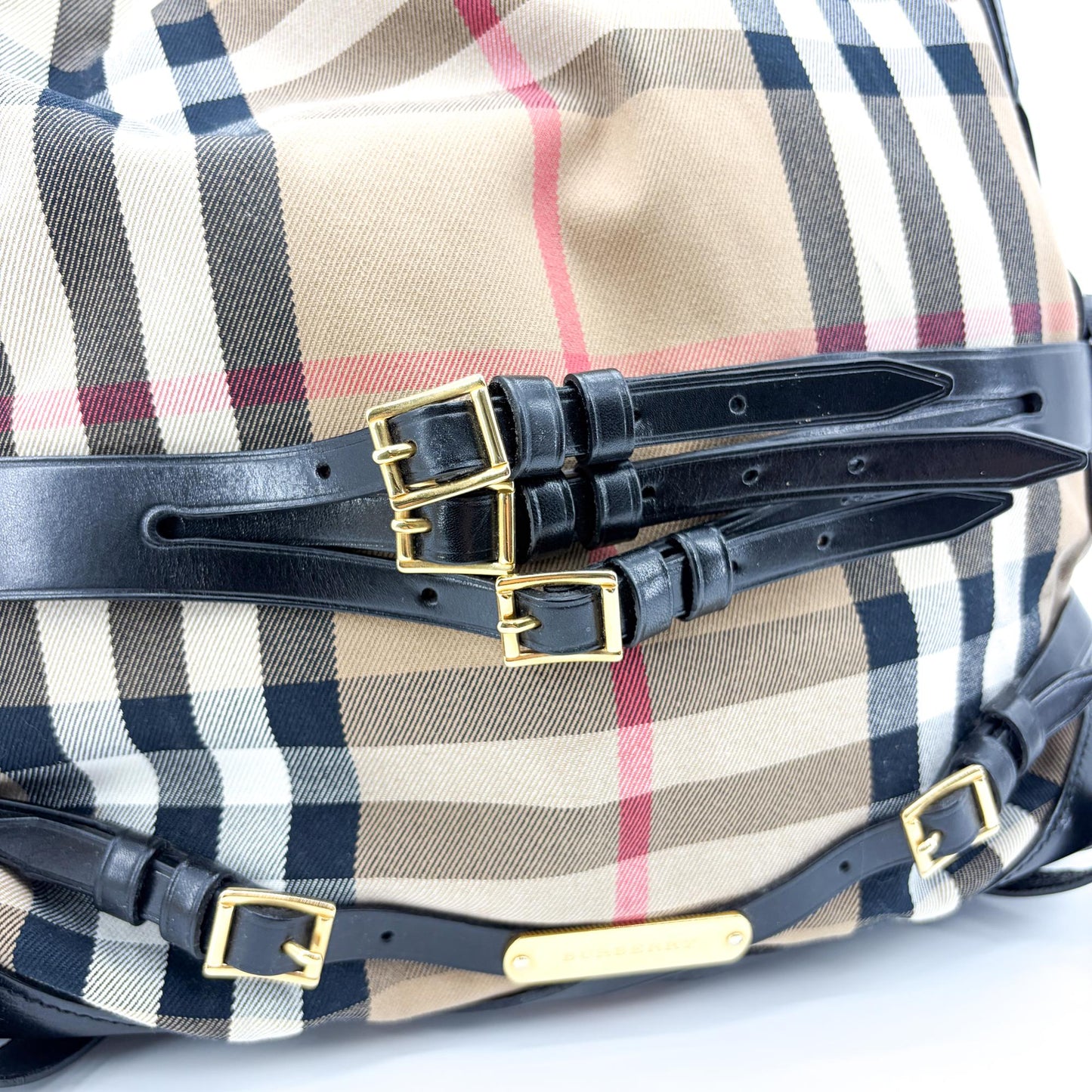 Burberry Medium Haymarket Check Buckle Hobo Bag Beige Black