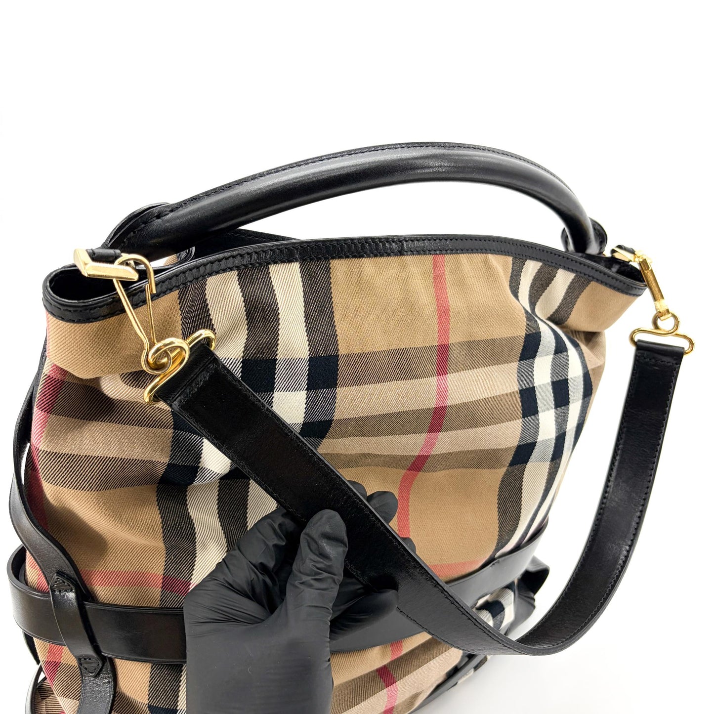 Burberry Medium Haymarket Check Buckle Hobo Bag Beige Black