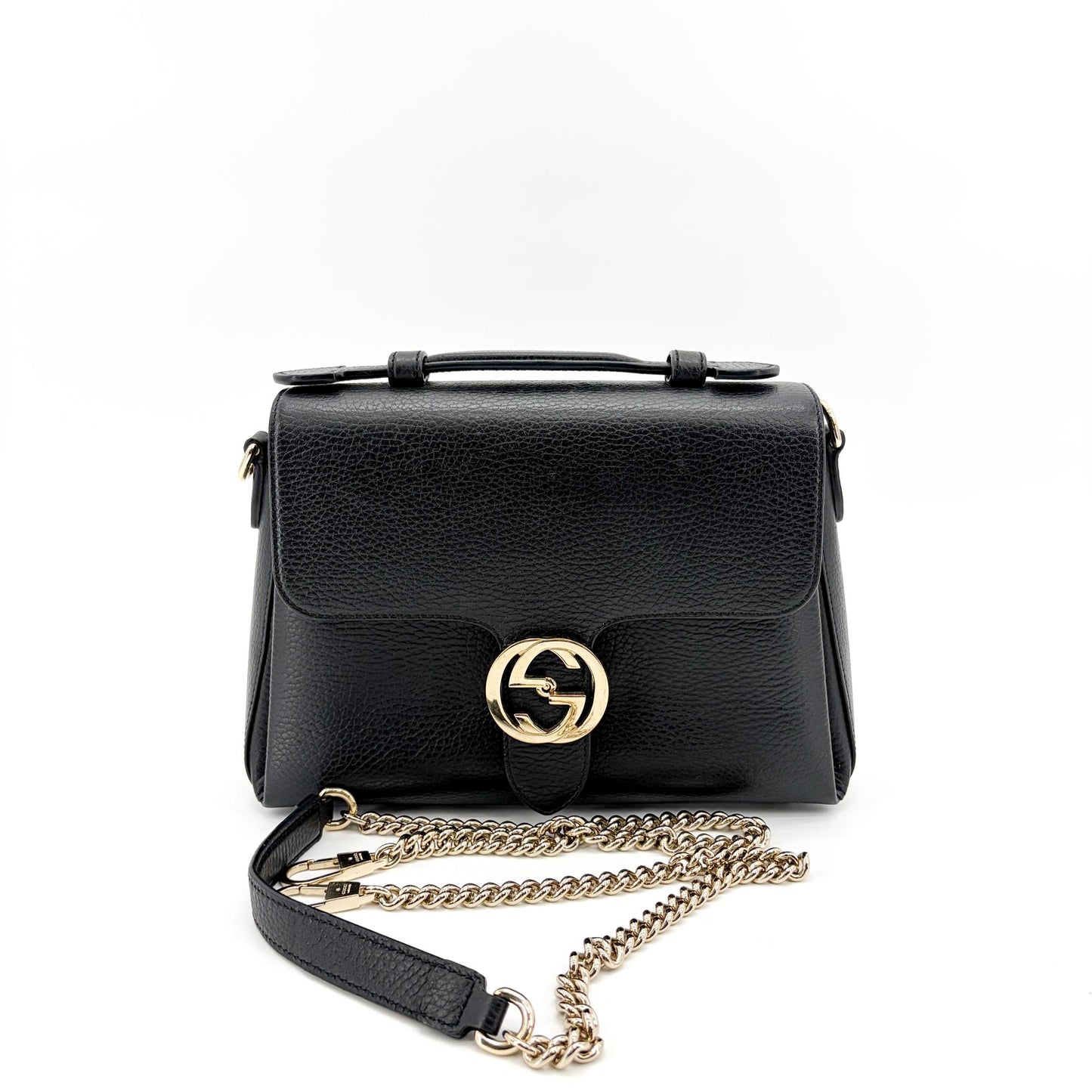 Gucci Interlocking G Medium Top Handle Bag Black Gold Hardware