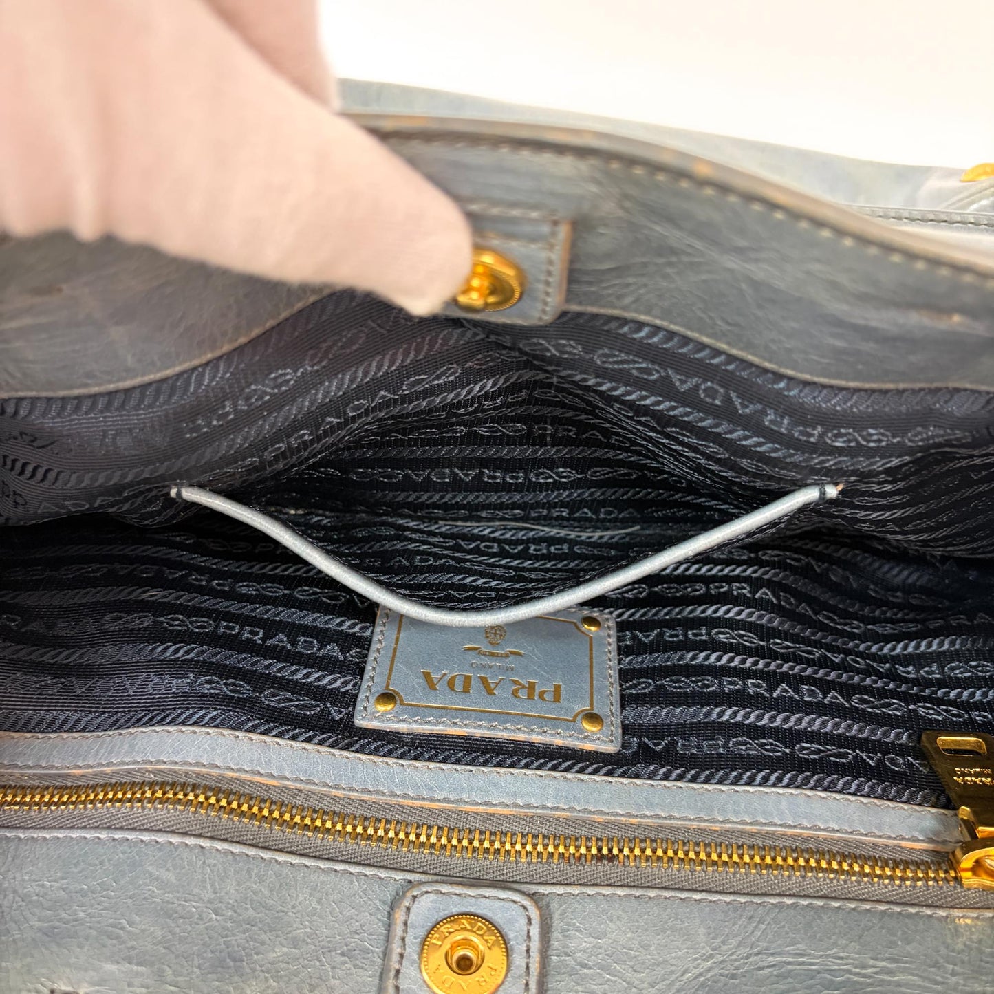 Prada Vitello Shine Leather Tote Bag Blue