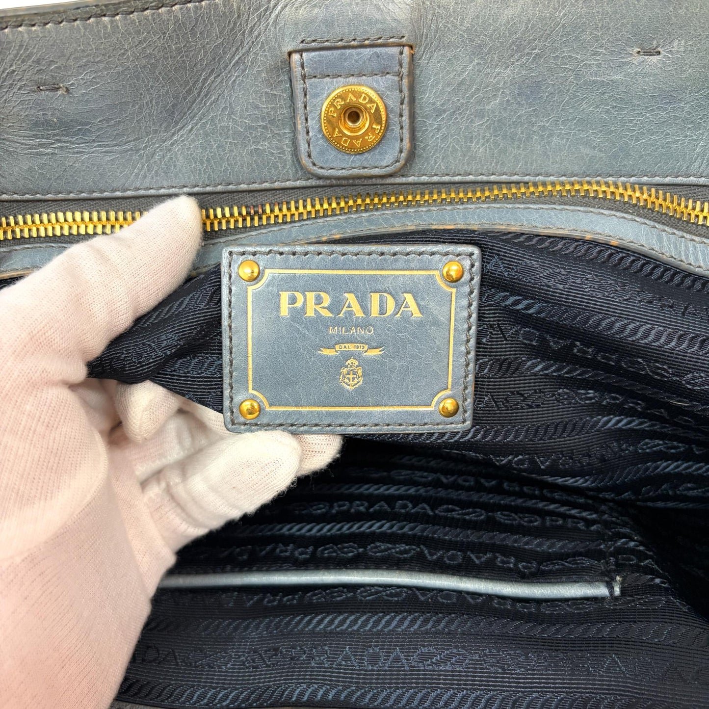 Prada Vitello Shine Leather Tote Bag Blue