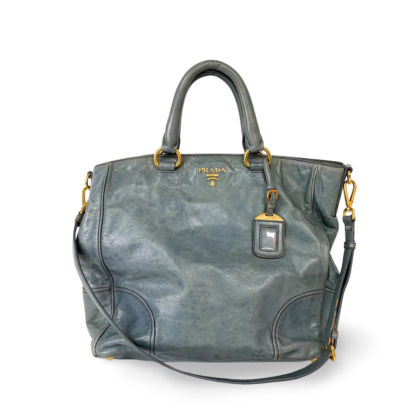 Prada Vitello Shine Leather Tote Bag Blue