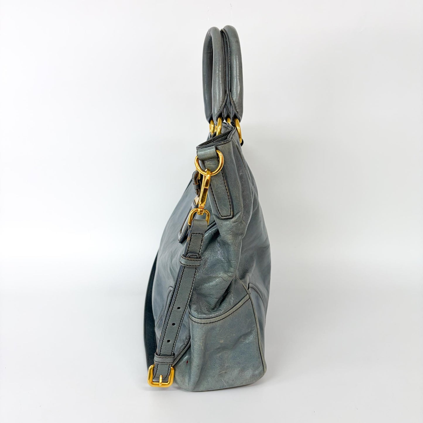 Prada Vitello Shine Leather Tote Bag Blue