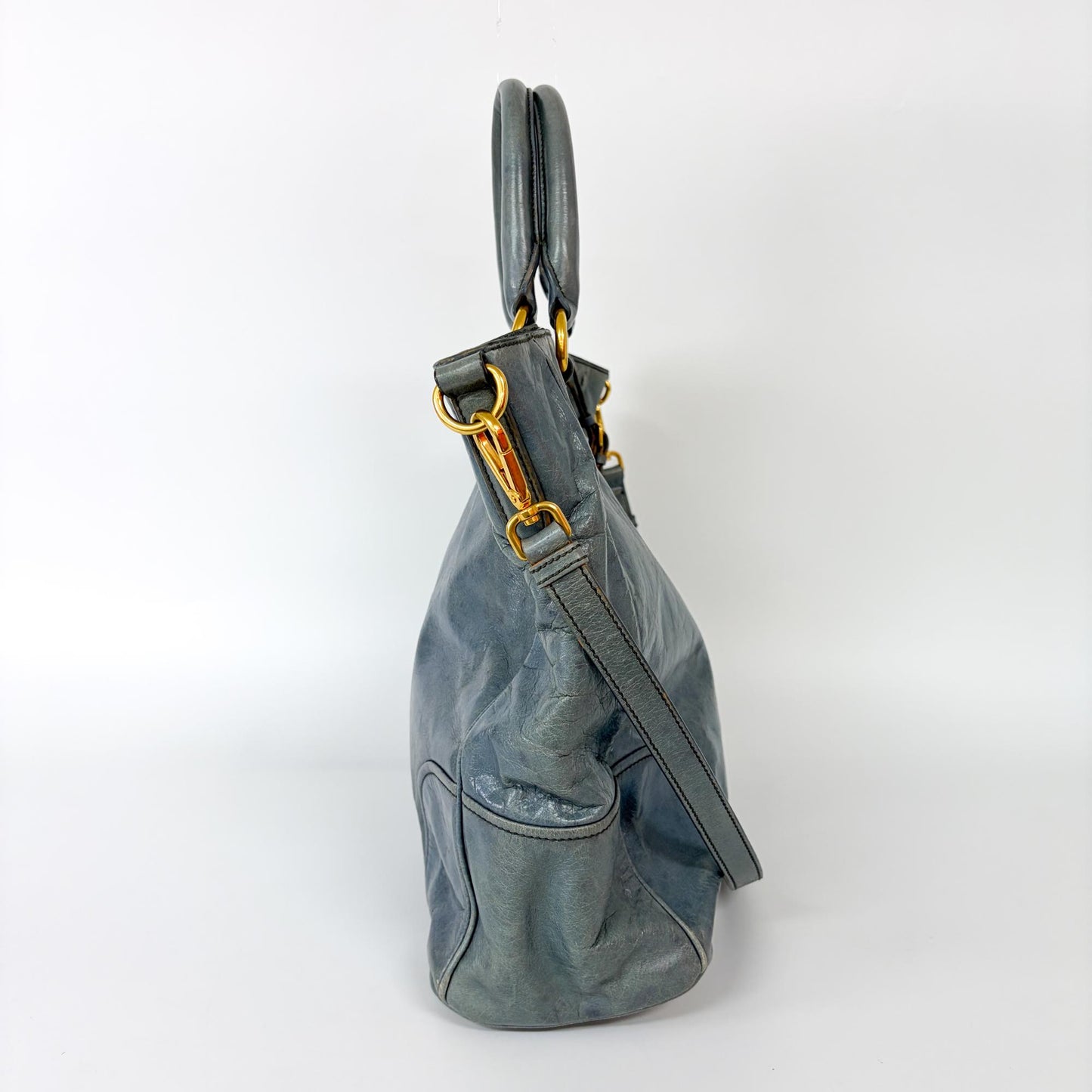 Prada Vitello Shine Leather Tote Bag Blue