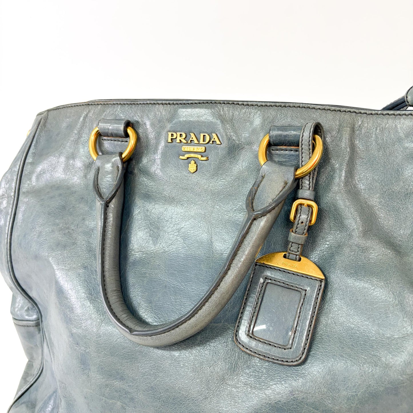 Prada Vitello Shine Leather Tote Bag Blue