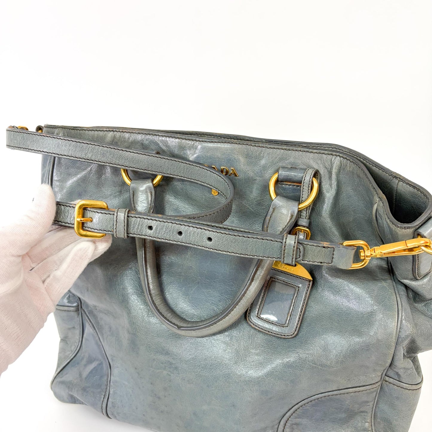 Prada Vitello Shine Leather Tote Bag Blue